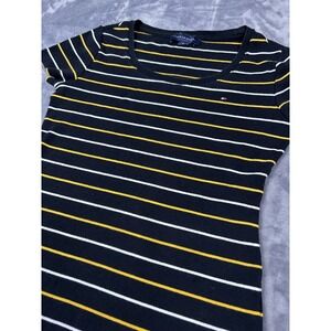 TOMMY HILFIGER Yellow Striped Black Size S Women 100% Cotton Tee Relax Causal